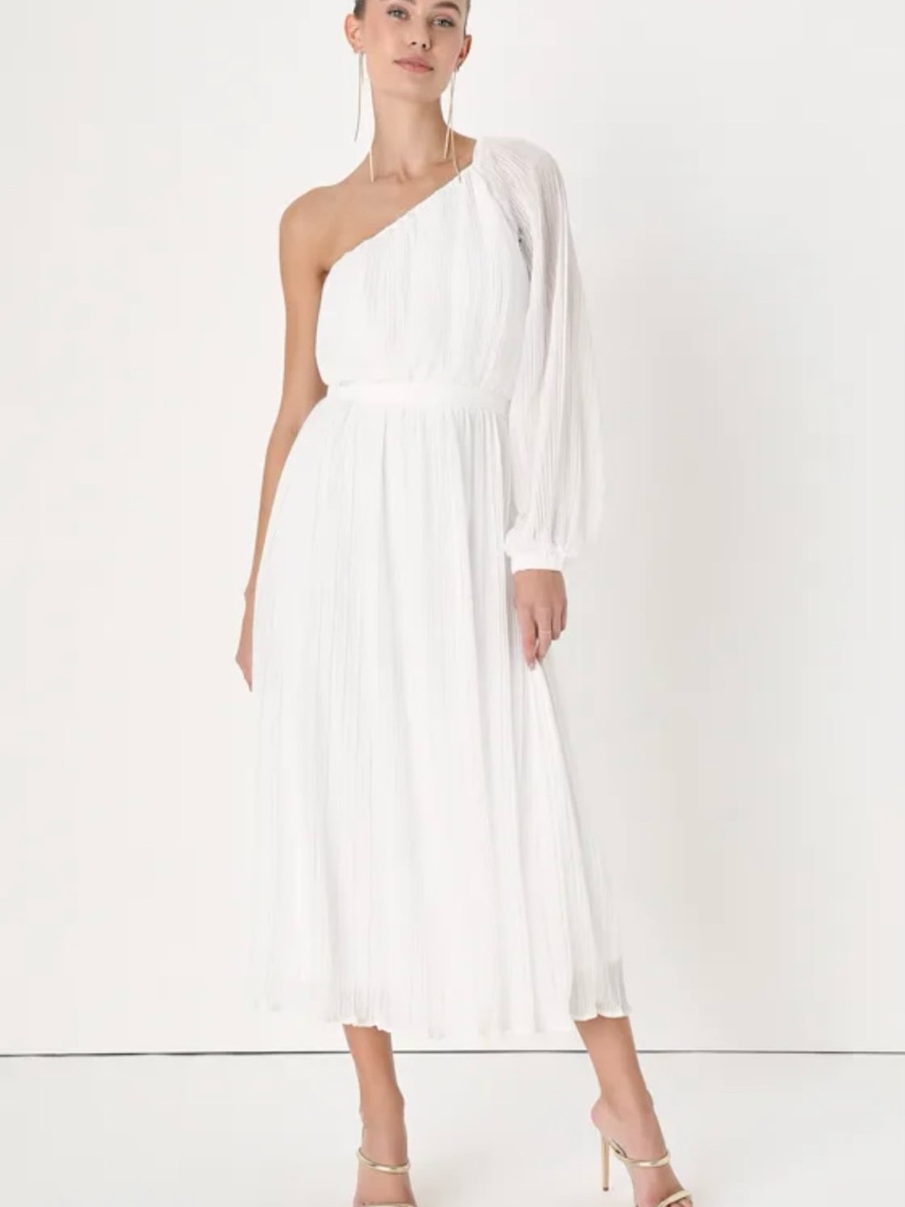 Lulu's White Pleated One Shoulder Midi Dress
